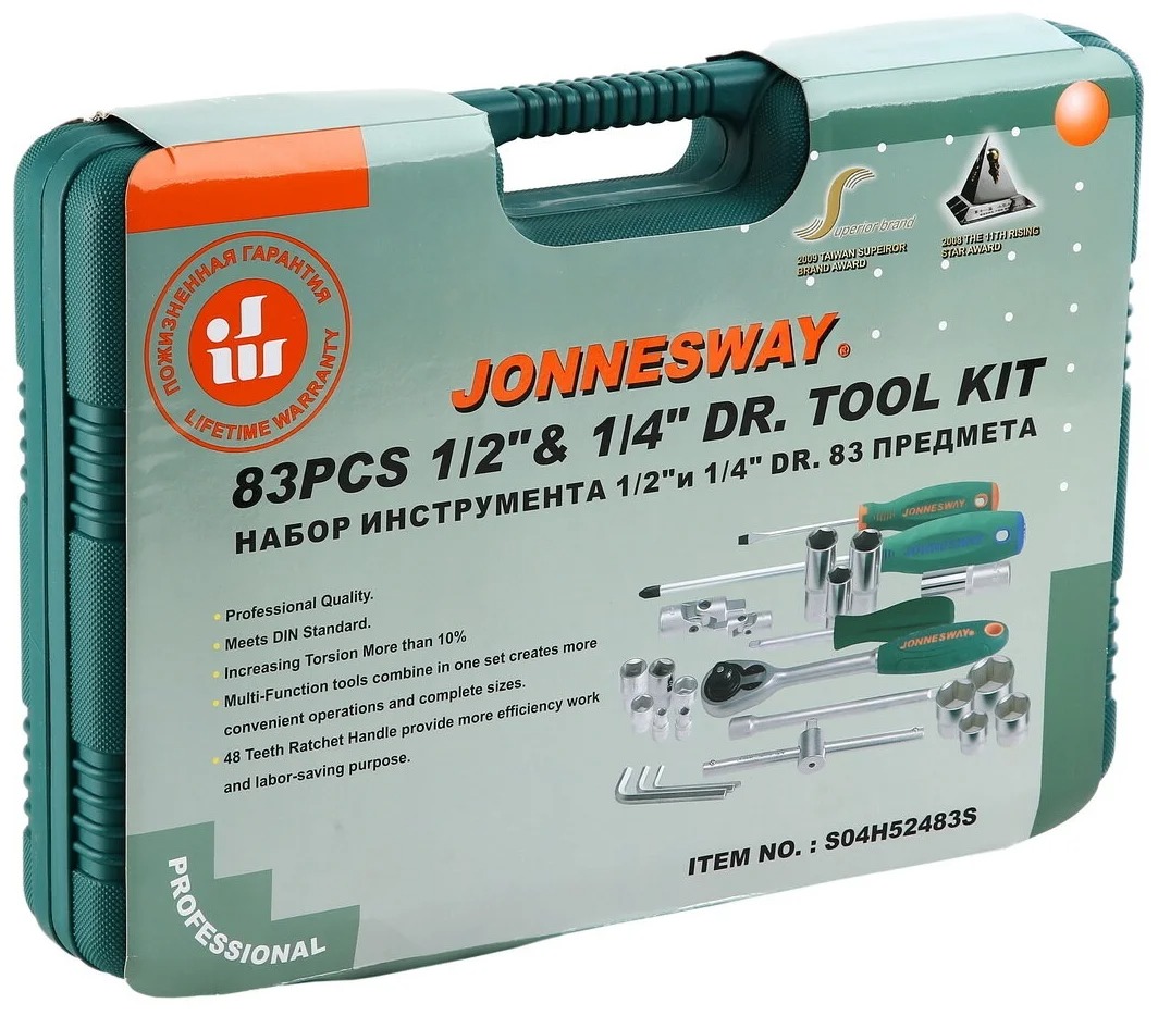 Универсальный набор инструмента 1/4" и 1/2"DR Jonnesway S04H52483S, 83 штуки - фото